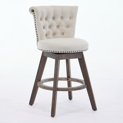 26inch Counter Height Bar Stools Set of 2, 360¡ã Swivel Stools with Back & Hand - Tufted Button - Trimmed Edges, Upholstered Velvet Kitchen Counter Stools on Wood Legs,Beige