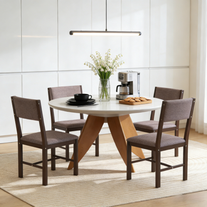 Set of 4 Light Brown Rubberwood Dining Chairs, Linen Fabric Upholstered Kitchen Chairs with H-Support