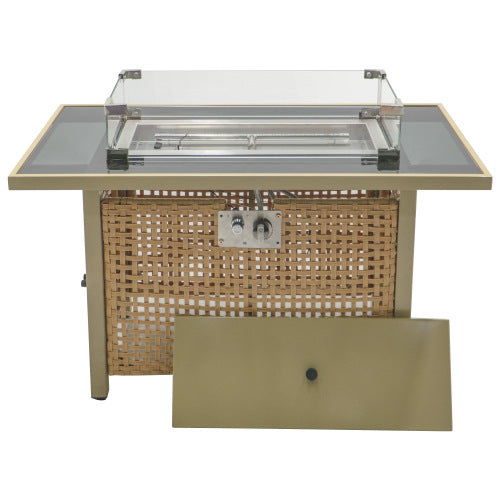 K&K 43" Propane Gas Fire Pit Table, 60000 BTU Rectangular Open Weave Wicker Fire Pit with Glass Wind Guard for Outside Patio Deck Garden Backyard - Orange & Mustard Yellow