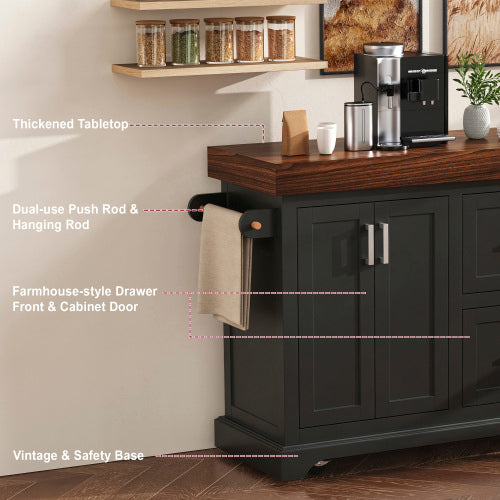 53 Inch Rolling Kitchen Island with Thick Top Drawers & Spice Rack Black
