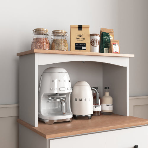 White Kitchen Pantry Cabinet with Microwave Shelf Drawer and Adjustable Storage