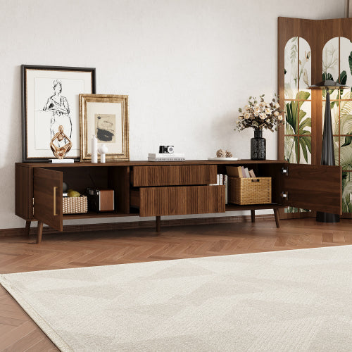 70.8 Inch Walnut Mid-Century Wood Grain TV Stand 2 Drawer Media Console Up To 80 Inch TV
