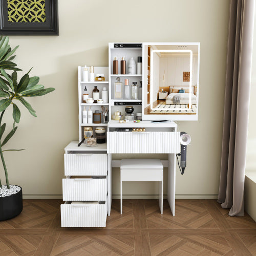White LED Lighted Makeup Vanity Table with 4 Drawers & Shelves, Power Outlet, Dryer Holder & Chair, Modern Bedroom Dresser