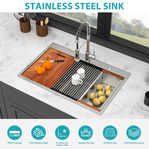 Topmount Drop in Kitchen Sink - 33" x 22" x 10" Double Bowl (50/50) Kitchen Sink 16 Gauge with Two 10" Deep Basin, Brushed Nickel