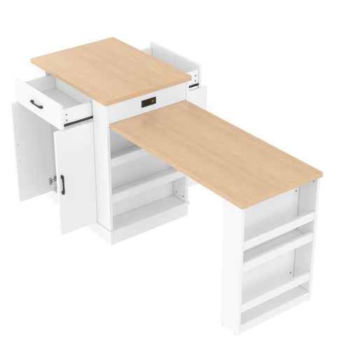 Extendable island console with drawers, double-door cabinet, and open shelving. Serves as dining table, temporary breakfast bar, and afternoon tea lounge,White