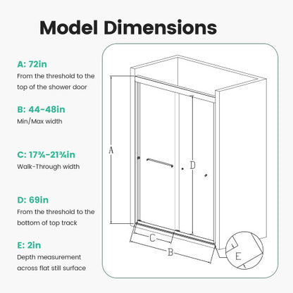 44"-48"W*72" H Semi-Frameless Double Sliding Shower Door, Bypass Shower Door, 1/4" (6mm) Thick SGCC Tempered Glass Door, Matte Black