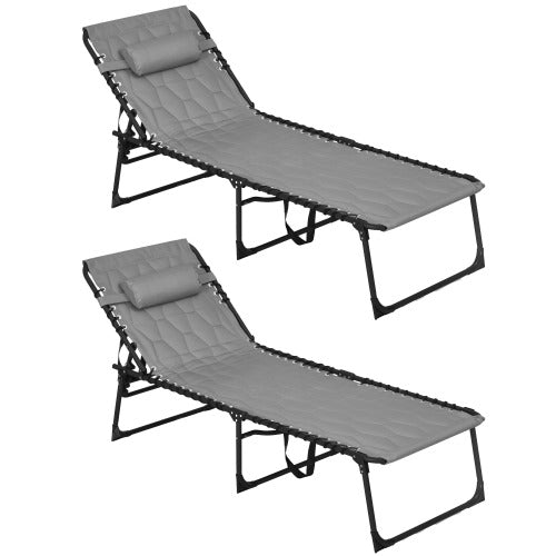 Outsunny Folding Chaise Lounge Set with 5-level Reclining Back, Outdoor Lounge Tanning Chair with Padded Seat, Side Pocket & Headrest for Beach, Yard, Patio, Gray