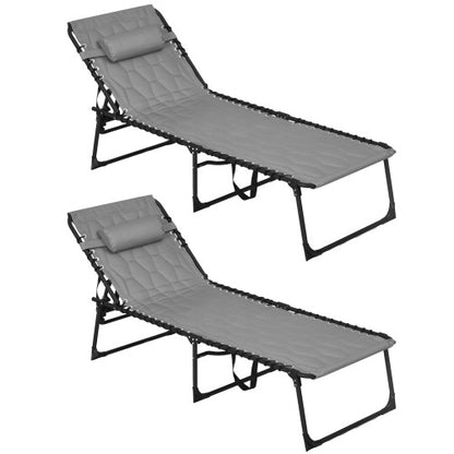 Outsunny Folding Chaise Lounge Set with 5-level Reclining Back, Outdoor Lounge Tanning Chair with Padded Seat, Side Pocket & Headrest for Beach, Yard, Patio, Gray