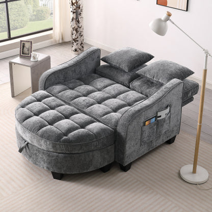 Gray 2-Seater Sofa with Irregular Arms, Storage Footrest & 2 Throw Pillows