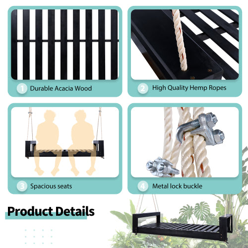 Twin Size Porch Swing Bed Seating Group, Patio Acacia Wood Swing Frame with Hemp Ropes for Garden, Backyard, Black