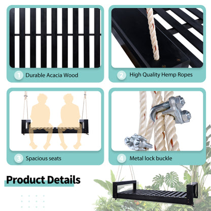 Twin Size Porch Swing Bed Seating Group, Patio Acacia Wood Swing Frame with Hemp Ropes for Garden, Backyard, Black