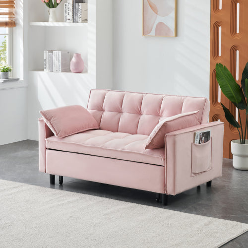 Modern 3-In-1 Convertible Velvet Pull-Out Sofa-Bed Loveseat with Pillow & Side Pockets for Living-Room Guest-Room