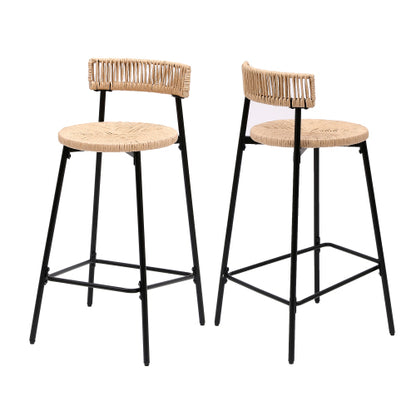 Hand Woven Bar Stools with Back Set of 2 Paper Rope Round Barstools with Footrest for Kitchen Island & Dining Rooms (Black & Honey)
