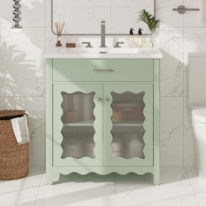31" Bathroom Vanity with Tempered Glass, Modern Bathroom Cabinet with Rubber Wood legs and Soft close Doors, Green