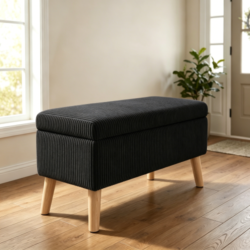 32 inch Corduroy Storage Ottoman Bench with Flip Top & Wood Legs