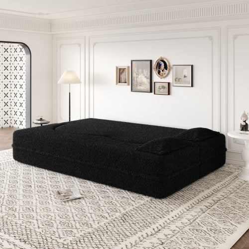 Black Convertible Sherpa-Fleece Full-Size Floor Sofa-Bed 15 inch  Height with 2 Pillows No-Assembly