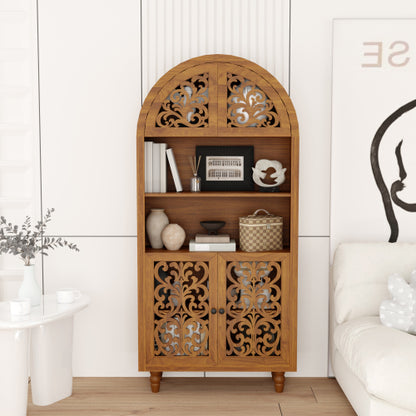 66 Inch Vintage Arched Hand-Carved Wood Open&Closed Storage Cabinet