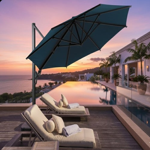 11 Ft Blue Round Large Cantilever Patio Umbrella with 360° Rotation & Tit Adjustment and Heavy Duty Offset Polyester Canopy Deck Umbrella.