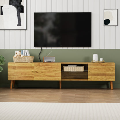 69 Inch Mid-Century Oak TV Stand 3-Door MDF Media Console Solid Pine Legs Holds TVs Up To 70 Inch
