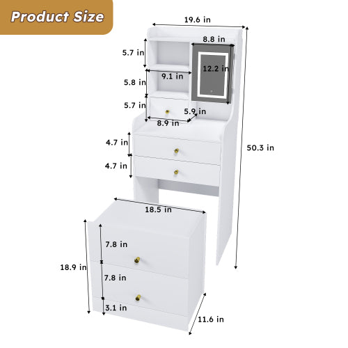 White 3-in-1 Dressing Table with LED Mirror & Storage Stool, 4 Drawers, Storage Cabinet, Open Bookshelf