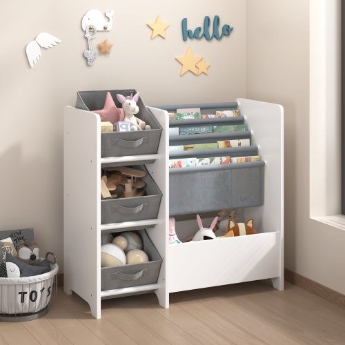 White 4-Tier Kids Bookshelf With 3 Collapsible Fabric Drawers Multi-Functional Toy Book Storage Organizer