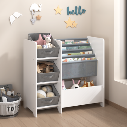 White 4-Tier Kids Bookshelf With 3 Collapsible Fabric Drawers Multi-Functional Toy Book Storage Organizer