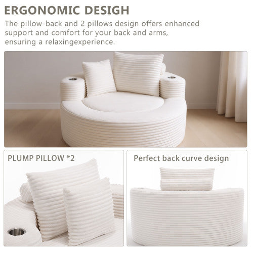 White Round Memory-Foam Sofa Bed with 3 Pillows & Cup Holder