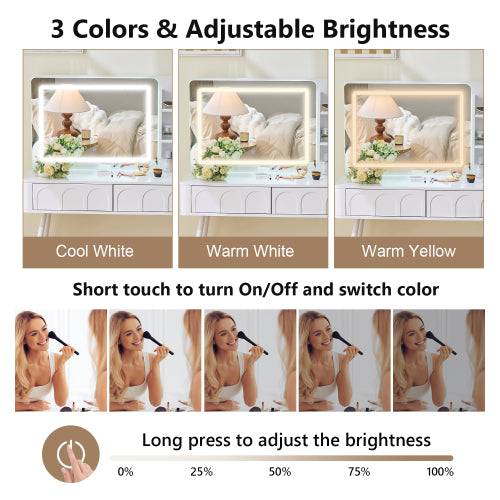 White Modern Vanity Desk Set, Fluted Wave Panel, 3 Color Dimmable LED Mirror, Adjustable Side Cabinet & PU Stool