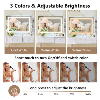 White Modern Vanity Desk Set, Fluted Wave Panel, 3 Color Dimmable LED Mirror, Adjustable Side Cabinet & PU Stool
