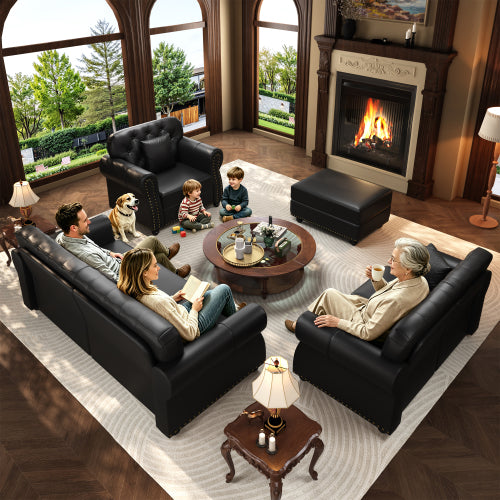 Black Faux Leather Ottoman with Sofa Combination（Only one ottoman）