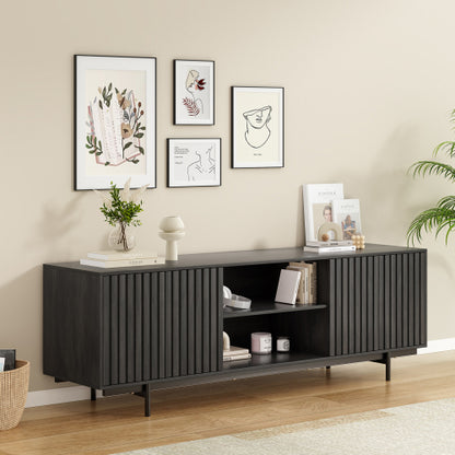63 Inch Mid Century Fluted Retro Pop-Up Door TV Stand for 75 Inch TV with Removable Storage Shelves