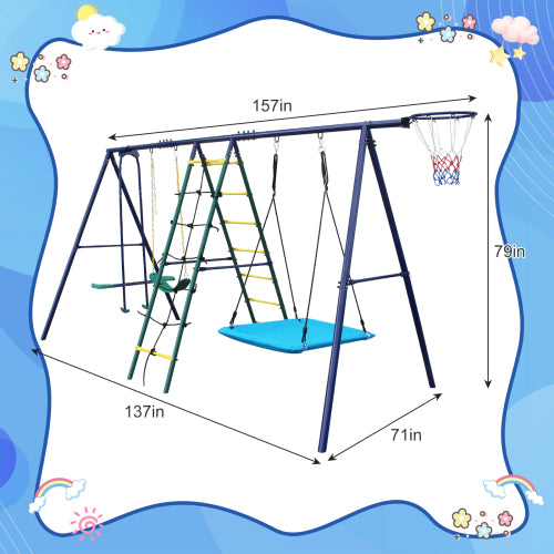 6 in 1 Swing Set With Climbing Ladder, Climbing Net, Glider, Hammock Swing, Belt Swing, Basketball hoop for Backyard