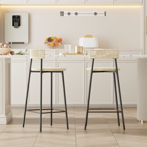 Counter Stools Set of 2 Handwoven Paper Rope Bar Stools Boho Round Dining Pub Chairs for Kitchen (Black & Creamy White)