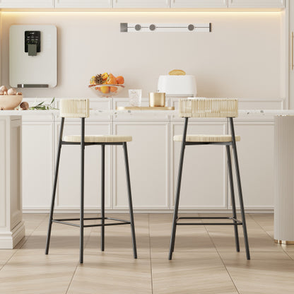 Counter Stools Set of 2 Handwoven Paper Rope Bar Stools Boho Round Dining Pub Chairs for Kitchen (Black & Creamy White)