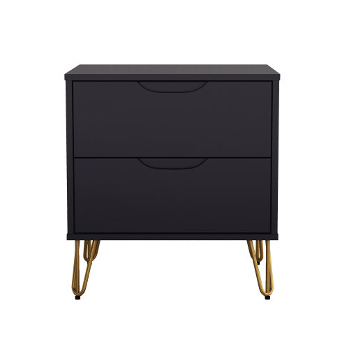 Black Modern Nightstand, 2 Drawers & Metal Legs