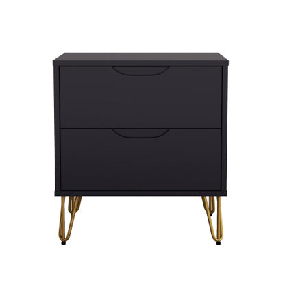Black Modern Nightstand, 2 Drawers & Metal Legs