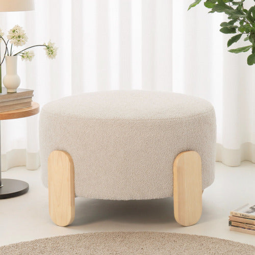 24.8 inch Round Soft Fabric Ottoman, Natural Wood Leg Multifunctional Footrest Extra Seat for Home Office