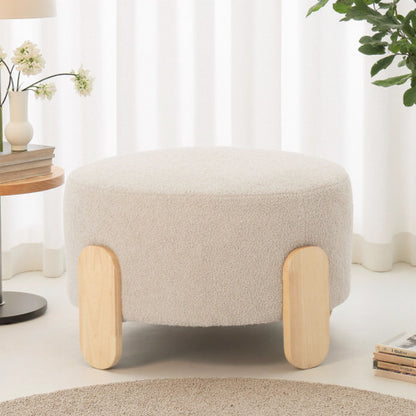 24.8 inch Round Soft Fabric Ottoman, Natural Wood Leg Multifunctional Footrest Extra Seat for Home Office