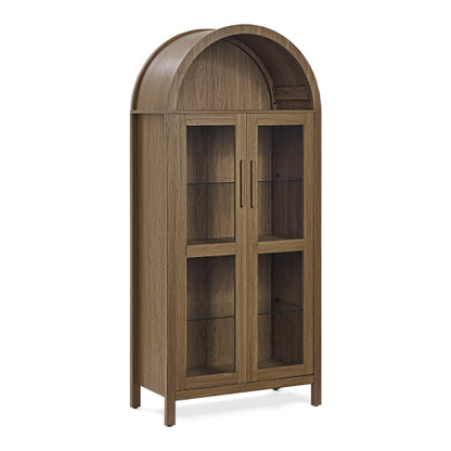 Brown High Arched LED Light Wooden Storage Cabinet Adjustable Glass Partition Modern Retro Home Multi-Functional Display Cabinet