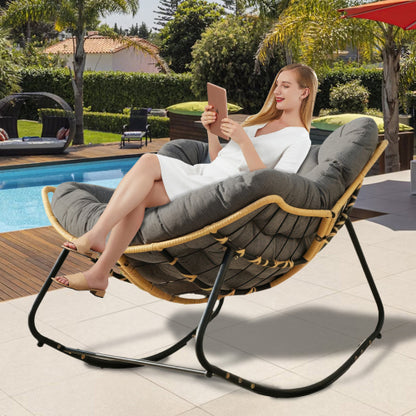 Larger Outdoor Rocking Chair, Patio Egg Rocking Chair, Indoor Papasan Chair, Rattan Wicker Lounge Chair, Modern Royal Chair for Bedroom, Living Room, Porch, Garden,Lawn-Dark Grey