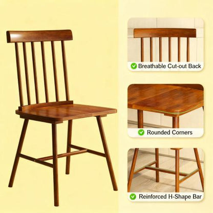 Set of 4 Light Brown Rubberwood Dining Chairs, Farmhouse Spindle Back Kitchen Chairs