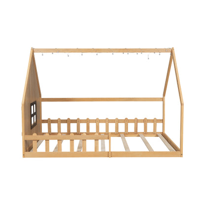 Full Size Wood House Bed with Window and Fence, Natural