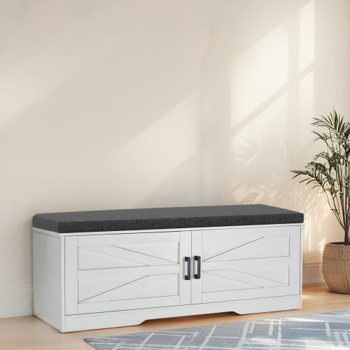 2-Tier Storage Bench, Farmhouse Shoe Bench with Padded Seat Cushion, Entryway Bench with 2 Barn Doors & 2 Adjustable Shelves, 13.75inch  D x 39.4inch  W x 17.72inch  H, for Entryway, Bedroom, Living Room, White