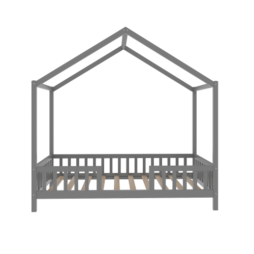 Montessori Floor Bed with Canopy, Twin Bed Frame for Kids, House Shape Toddler Bed Frame with High Railings, Wood Kids Bed with Roof, Kid Twin Bed, Grey