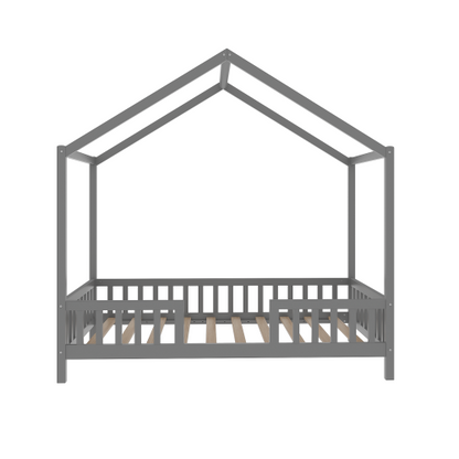 Montessori Floor Bed with Canopy, Twin Bed Frame for Kids, House Shape Toddler Bed Frame with High Railings, Wood Kids Bed with Roof, Kid Twin Bed, Grey