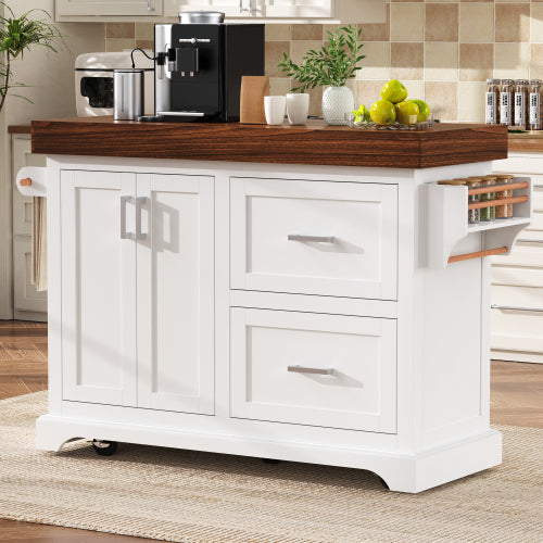 53 Inch Rolling Kitchen Island with Thick Top Drawers & Spice Rack White