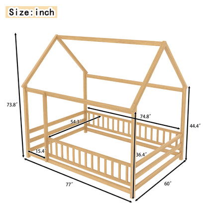 Full Size Floor Wooden Bed with House Roof Frame, Fence Guardrails,Natural