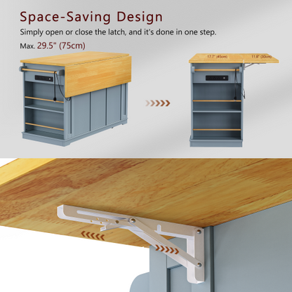 53inch Large Kitchen Island with 2 Bar Stools,Power Outlet,Door Internal Storage Rack,Kitchen Storage Cart on 5 Wheels with Drop Leaf,5 Open Side Racks,3 Drawers,Grey Blue (Three Packages)