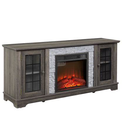 58 Inch Grey Faux Stone Electric Fireplace Media Console 18 inch Heater TV Stand for 65 Inch TV