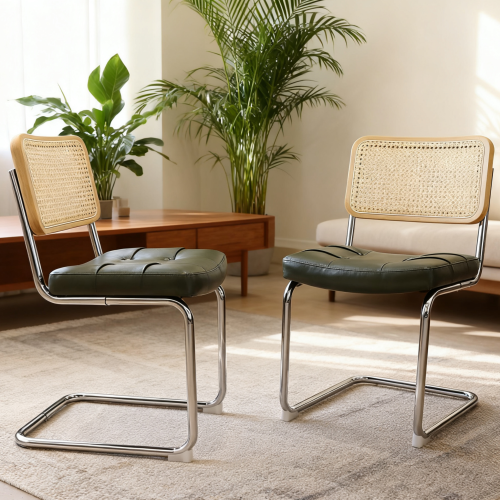Set of 2 Dark Green Faux Leather Rattan Cantilever Dining Chairs, Chrome Tubular Steel Breuer Frame Stackable Side Chairs